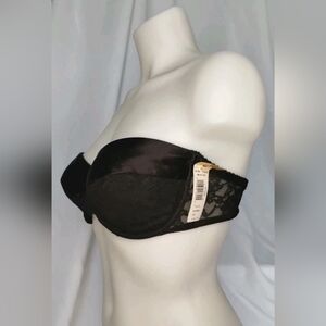 Vintage 90s Vassarette Black Satin Lace STRAPLESS Underwire Bra 36C Padded Pinup